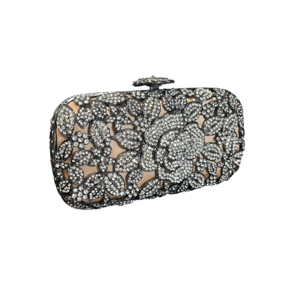 Tasha Crystal Embellished Evening Clutch Bag Floral Design and Chain Strap - Picture 2 of 8